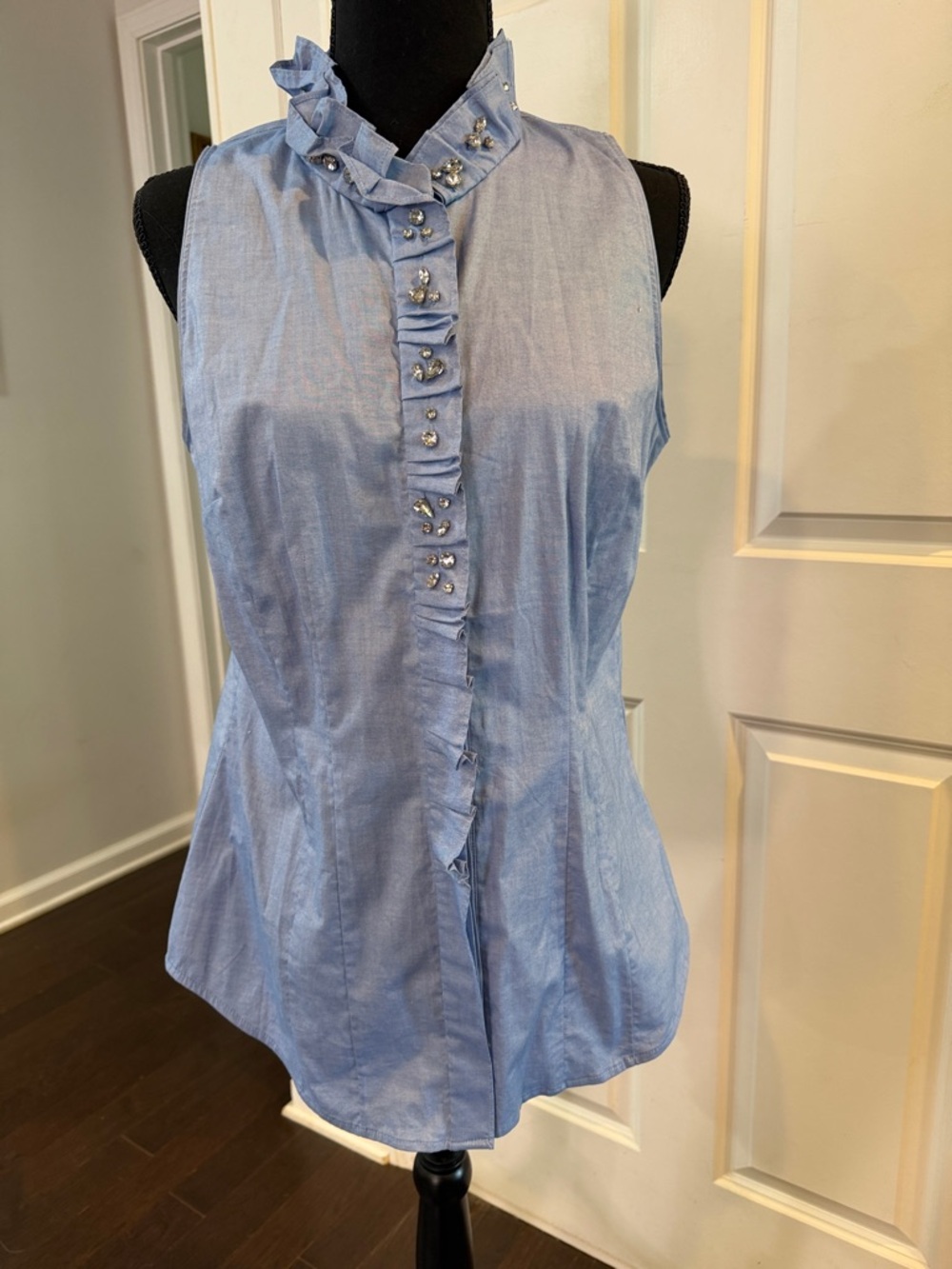 White House Black Market Light Blue Ruffle-Front Sleeveless Blouse